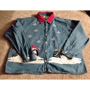 Holiday Denim/Corduroy Blue Jean Mom Shirt Jacket Size Large Snowflake Snowman